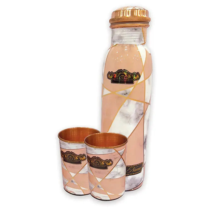 Copper Bottle & 2 Glass Enamel Marble Meena Finish Gift Set - CROCKERY WALA AND COMPANY 