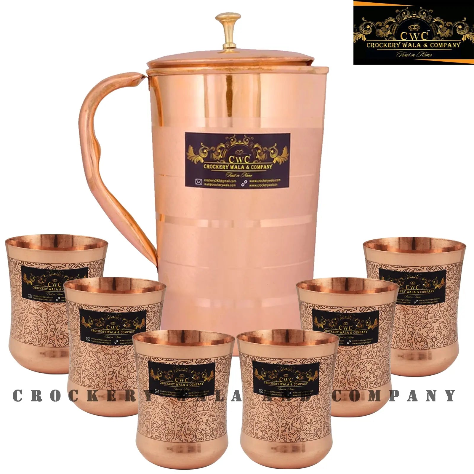 Crockery Wala And Company Pure Copper Jug Glass Combo Set Of Copper Drinkware || 1 Jug & 6 Glass - CROCKERY WALA AND COMPANY 