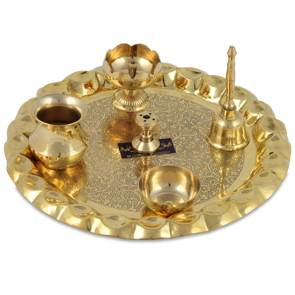 Vaiba Brass Puja Thali Set (15 Items) - with Handles for Puja