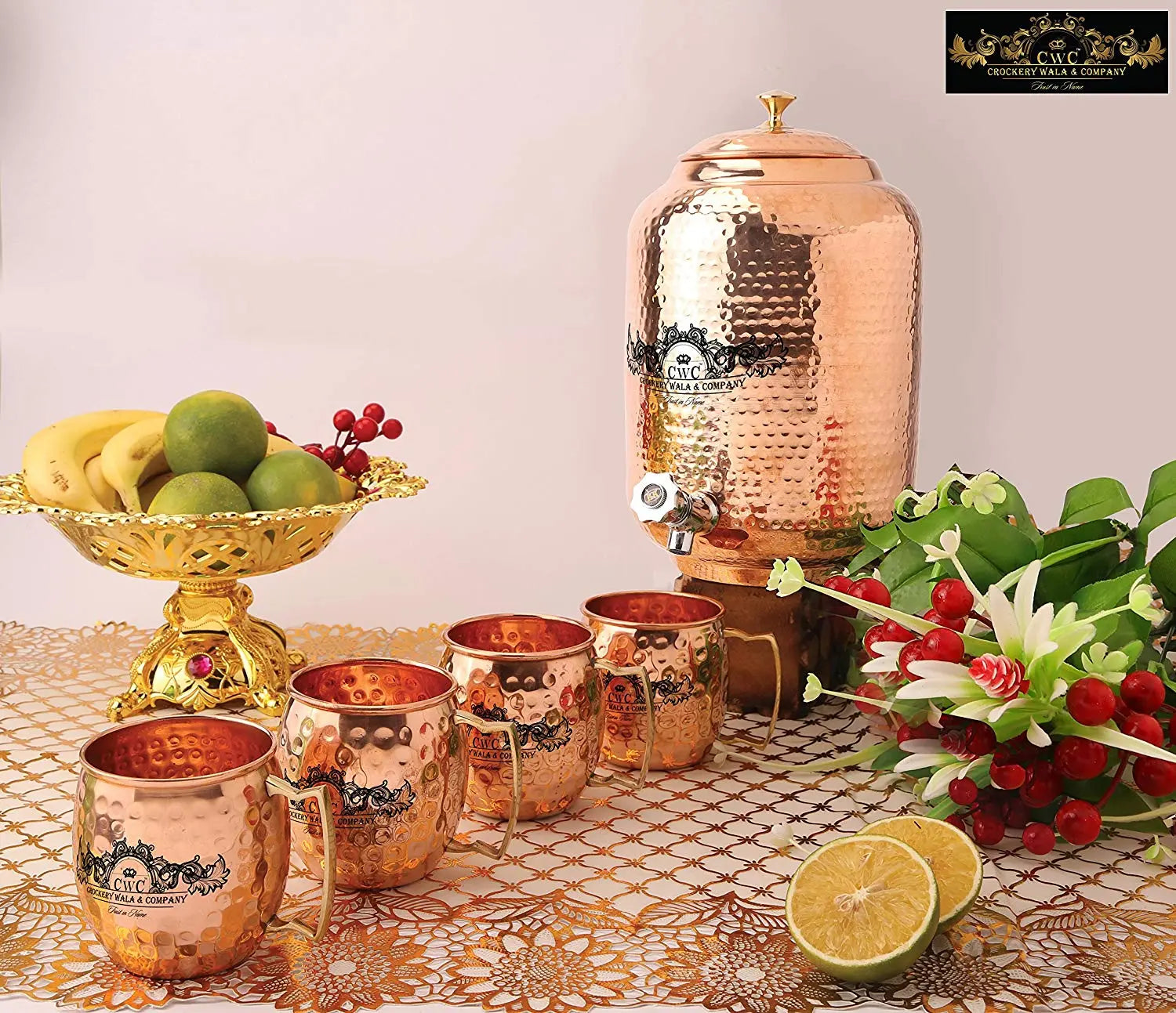 CROCKERY WALA AND COMPANY Jointless 8 Ltr Copper Water Dispenser and 4 Hammered Barrel Mugs - CROCKERY WALA AND COMPANY 