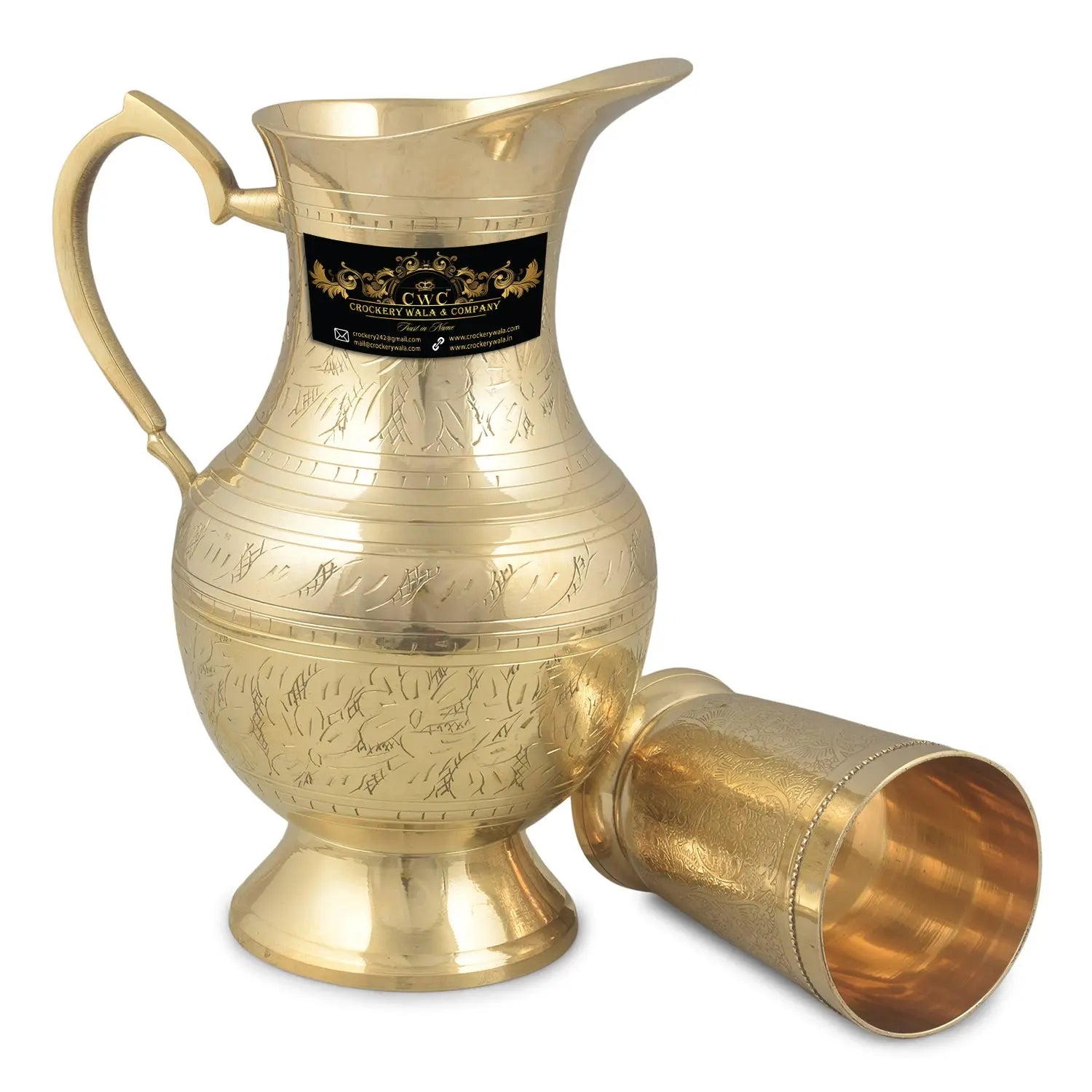 Crockery Wala Brass Mughalai Jug With 6 Brass Glasses 1500 ML - CROCKERY WALA AND COMPANY