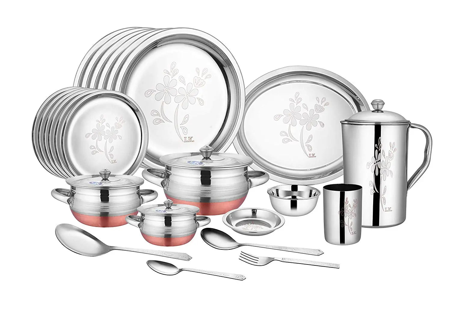 CROCKERY WALA AND COMPANY Laser Finish Stainless Steel Dinner Set, 63 Pieces, Silver - Crockery Wala And Company