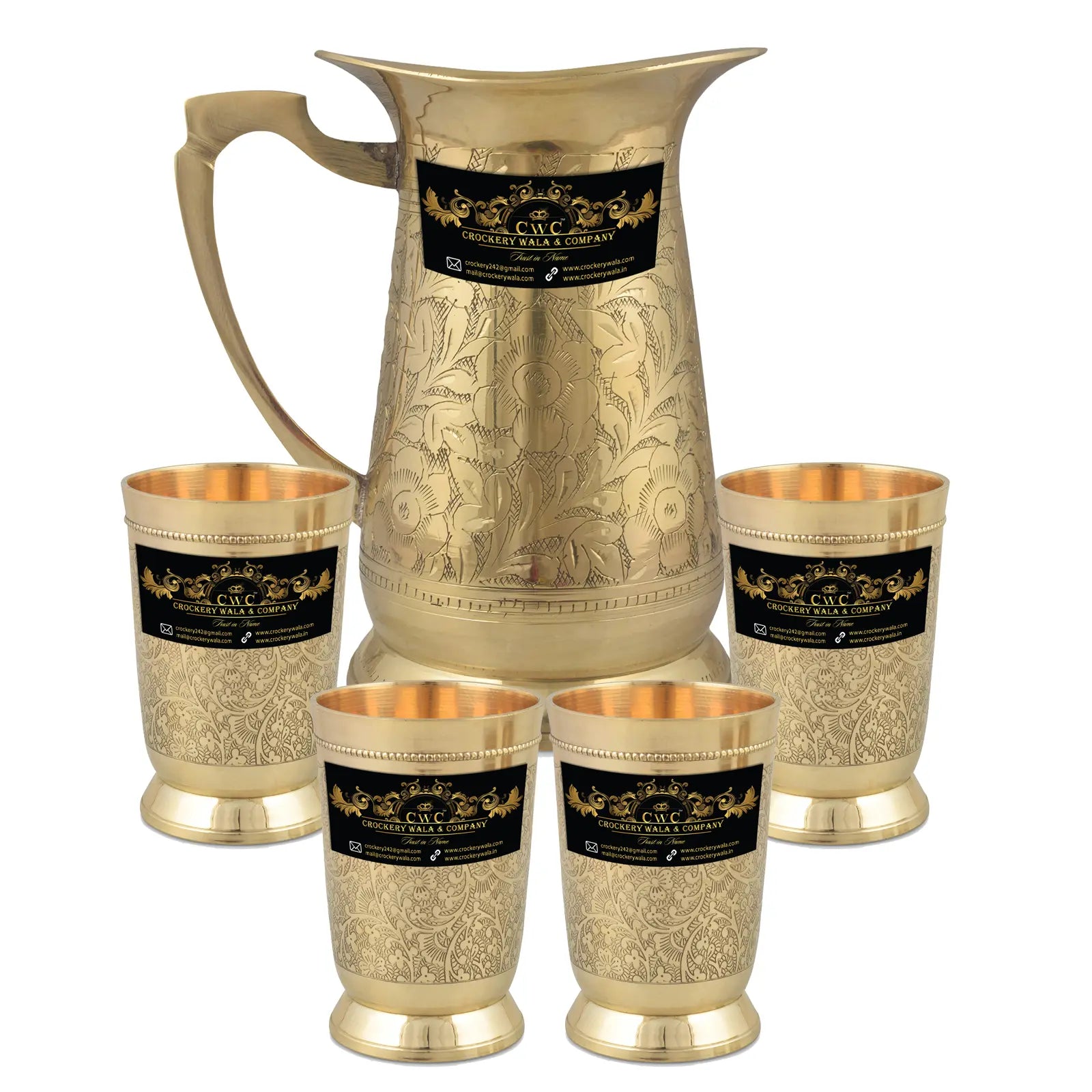 Crockery Wala And Company Brass Jug & Glass Set Brass Royal Serveware Jug & 4 Glasses Tableware - CROCKERY WALA AND COMPANY 