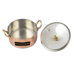 Pure Copper Kalai Sauce Pot With Glass Lid Hammered Design - CROCKERY WALA AND COMPANY